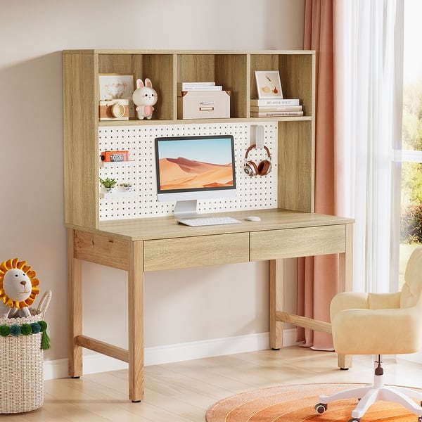 slide 2 of 12, Industrial Kids Desk Study Table with Storage Drawers and Pegboard Brown
