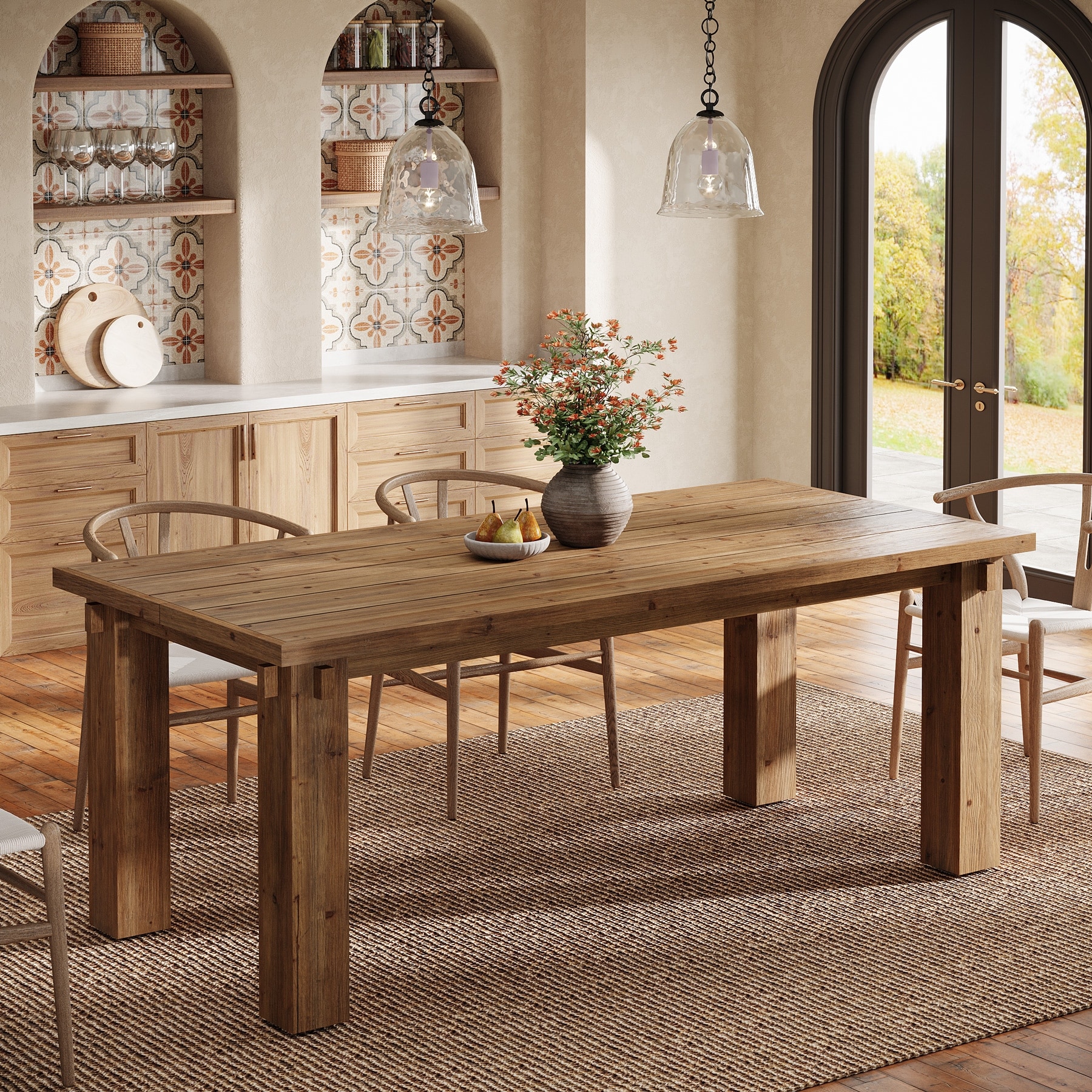 63-Inch Solid Wood Dining Table for 4-6, Rectangular Farmhouse Kitchen Dinner Table with Sturdy Legs