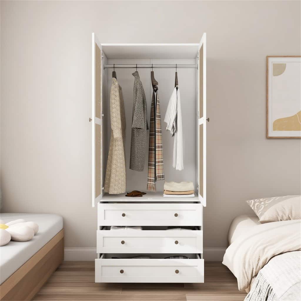2-Door 3-Drawer Wardrobe with Hollow Pattern, Wood Two-Tone Armoire