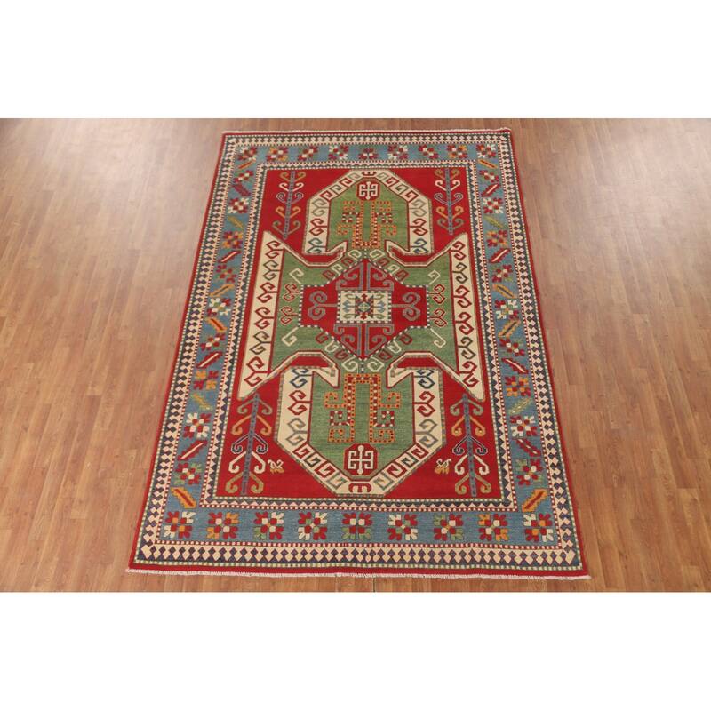 Green & Red Kazak Area Rug Hand-Knotted Wool Carpet - 6'7" x 9'7"