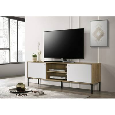 70"W White and Oak 2-Door TV Stand with Adjustable Shelf, Metal Legs