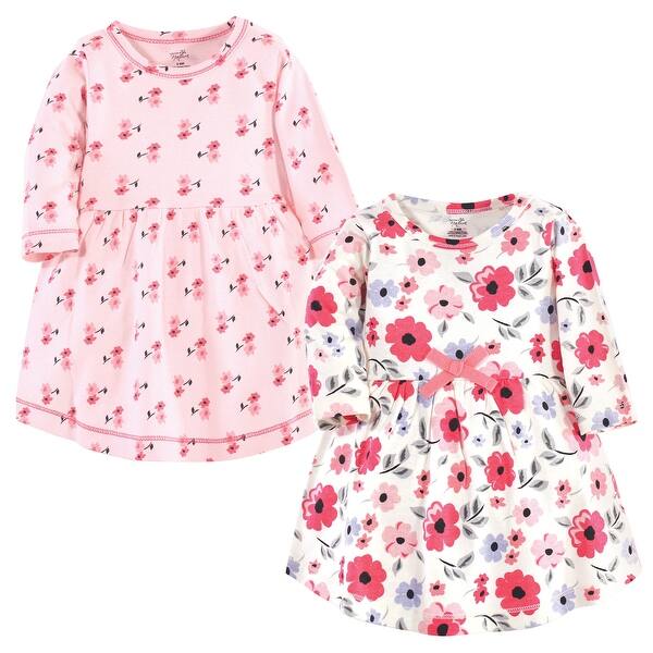 slide 1 of 1, Touched by Nature Baby and Toddler Girl Organic Cotton Long-Sleeve Dresses 2pk, Coral Garden 2T - Baby Toddler Coral Garden Long Sleeve
