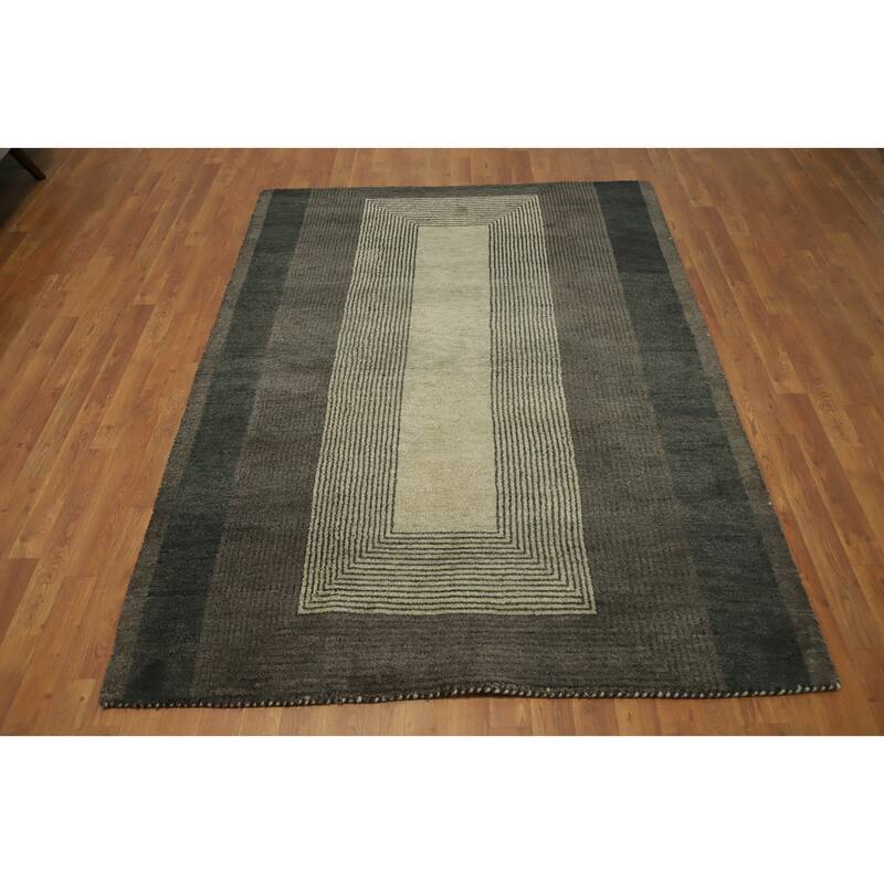 Hand Knotted Oriental 100% Wool Carpet Modern Geometric Greys & Charcoal Gabbeh Area Rug - 6' 7'' X 5' 1''