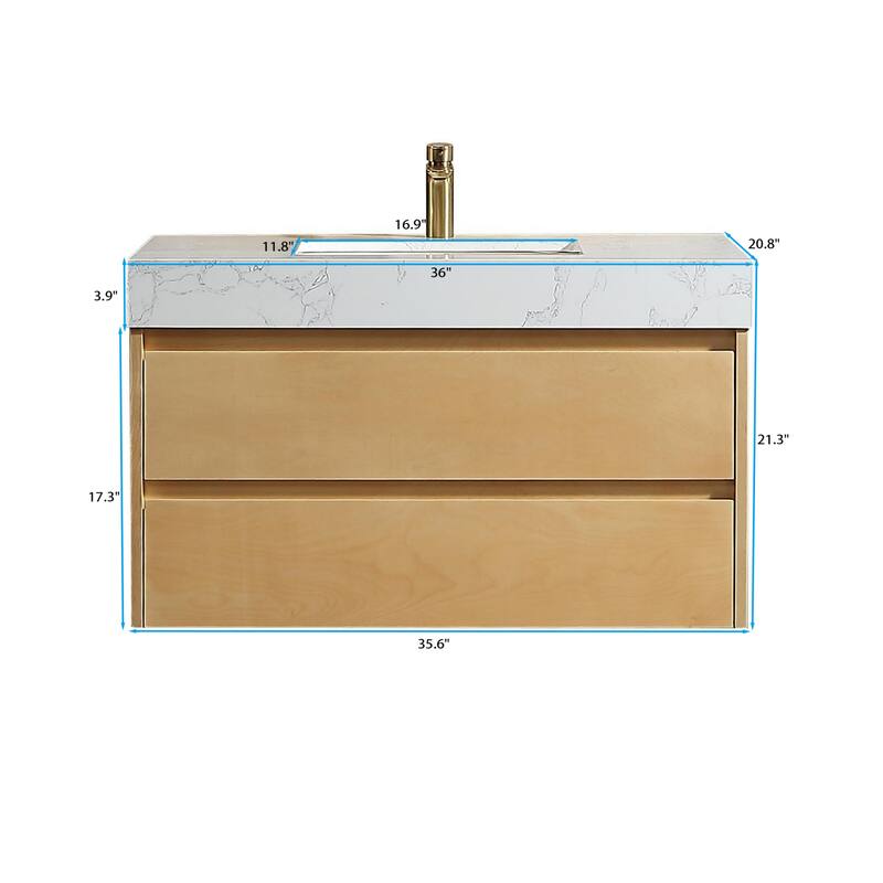 Modland 36" Wall-Mount Bathroom Vanity with LED Base Light & Engineered Stone Top - Soft-Close Drawers, Maple Yellow - 36 inch