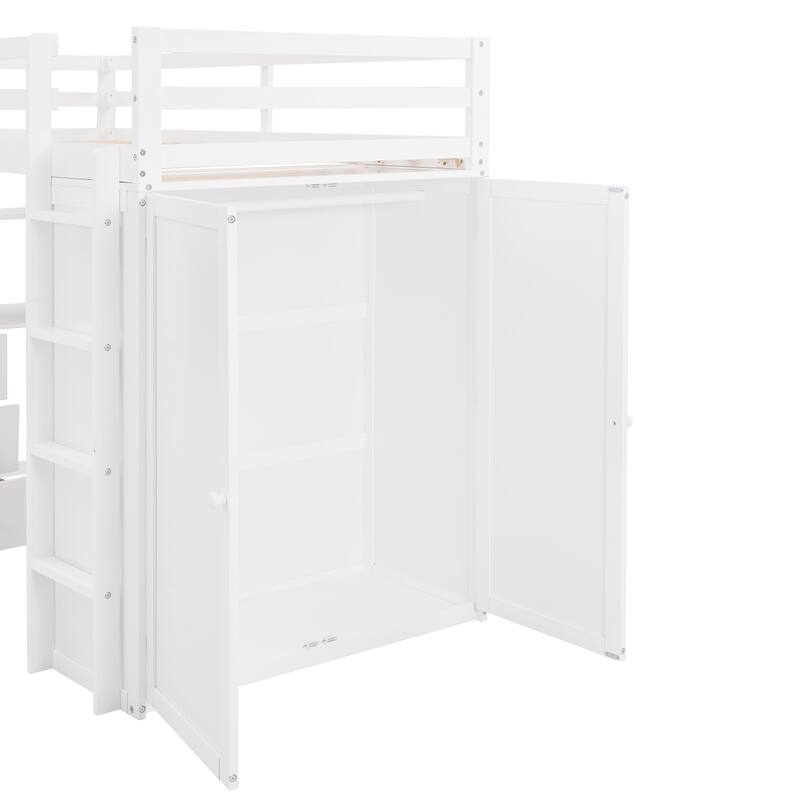 Twin/Full Size High Loft Bed with Built-in Desk and Wardrobe, Wooden Loftbed Bedframe with 3 Drawers, for Kids, Teens, Adults