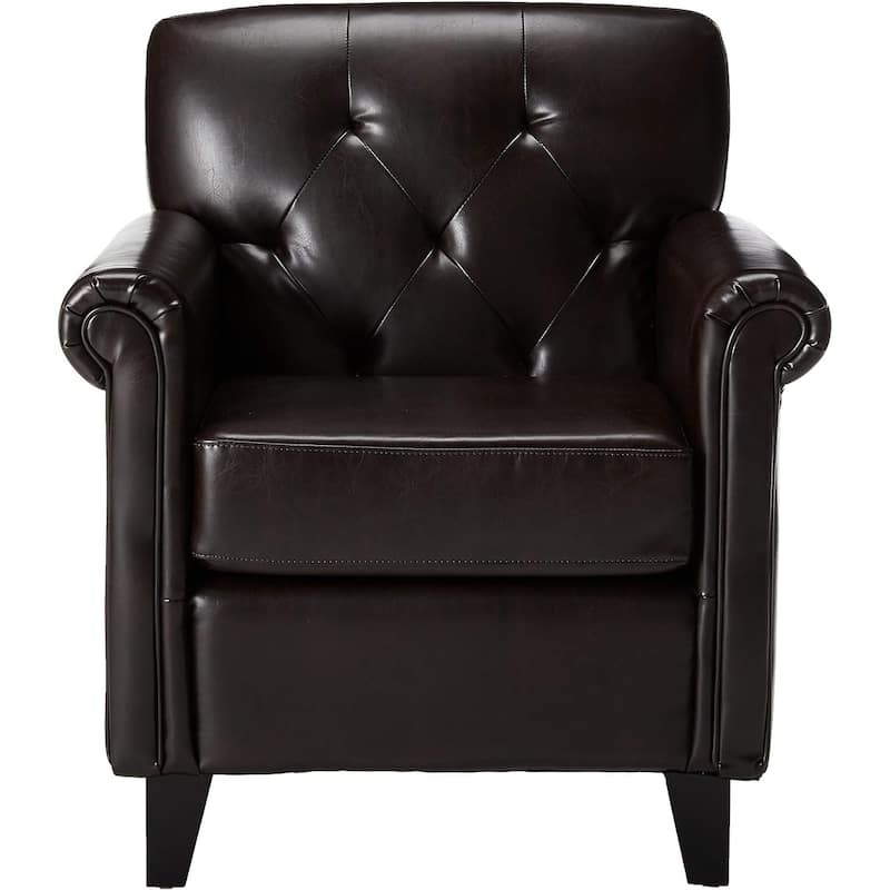 Brown Modern 30" PU Upholstered Button Tufted Club Chair with Wood Legs for Living Room