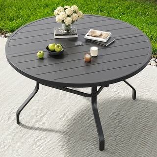 60'' round patio table with umbrella hole VICLLAX 9-pcs Outdoor Dining Set, 60 Metal & 8 Swivel Textilene Chairs, Black Table & Navy Chairs put table base on top of it MAISON ARTS 7 Pieces Patio