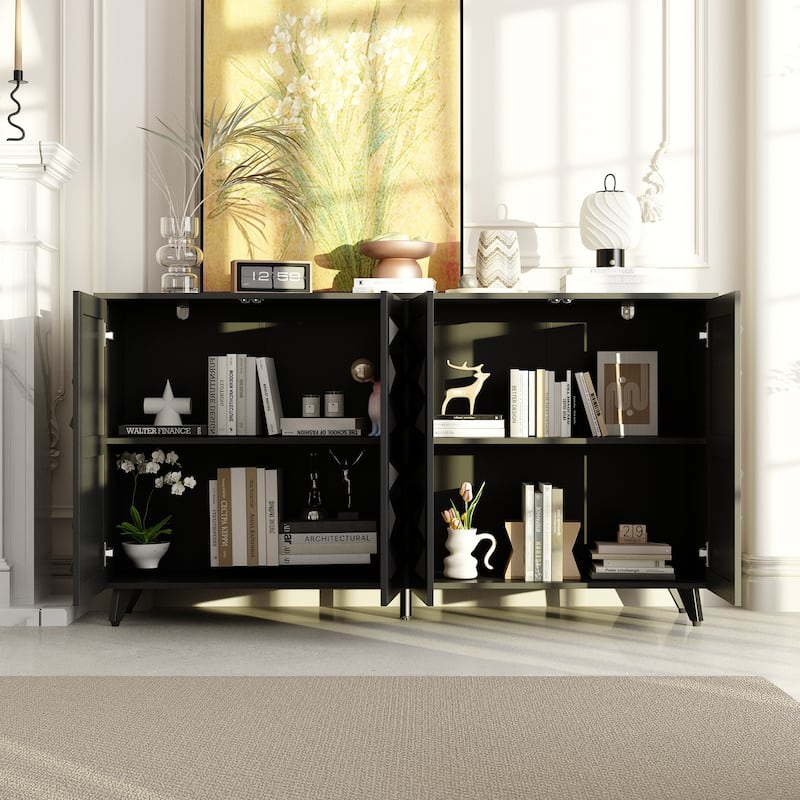 Geometric 4-Door Sideboard Buffet Cabinet with Adjustable Shelves, White Finish