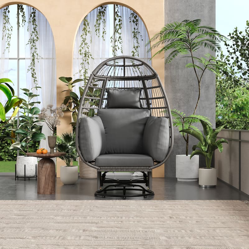 Outdoor Swivel Chair with Cushions, Rattan Egg Patio Chair with Rocking Function for Balcony, Poolside and Garden