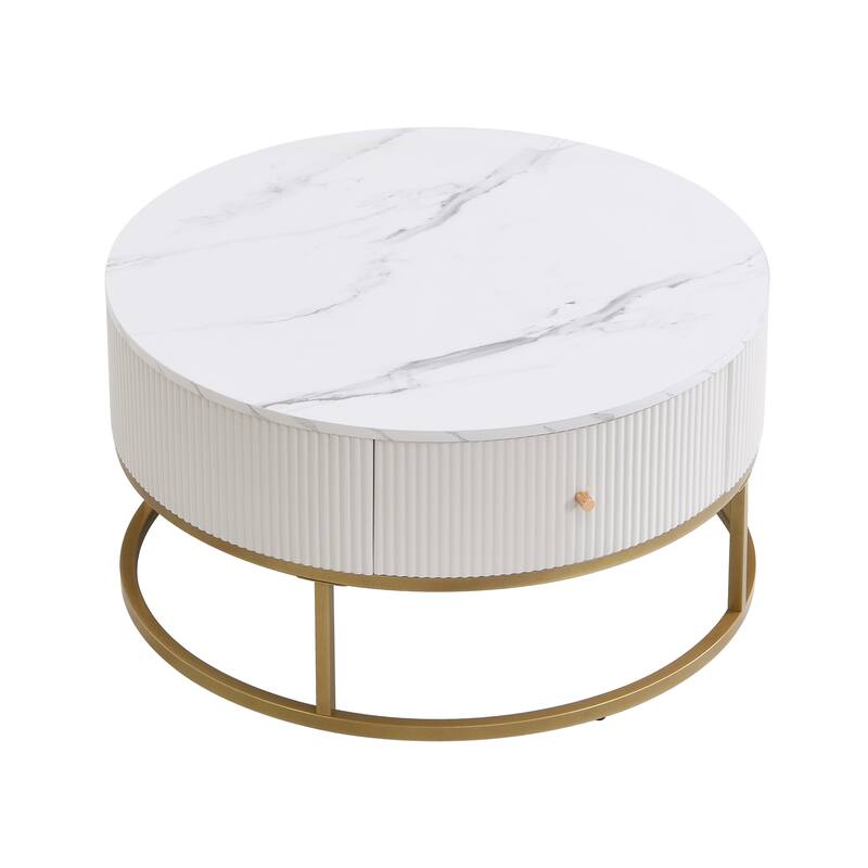 31.5 Inch Modern Round Coffee Table with Drawers, Faux MarbleTable with Storage, Coffee Table for Living Room