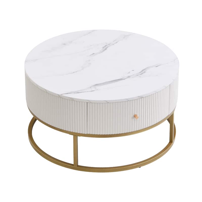 Modern Round Coffee Table Artificial Marble Table with 4 Non-Slip Mats Off-White Striped Drawers, for Living Room