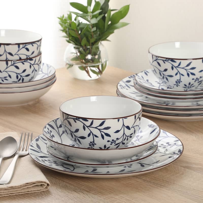 Gibson Home Palace Suite 16-Piece Dinnerware Set, Blue Floral Stoneware Plates & Bowls, Service for 4