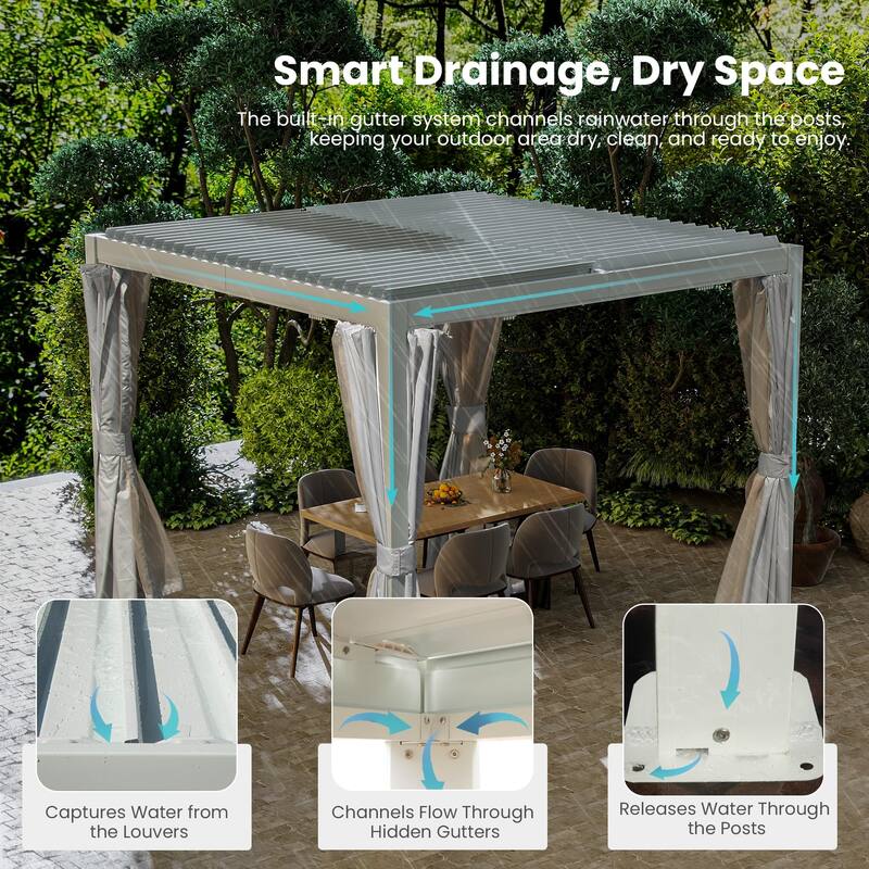 10x10 FT Outdoor Louvered Pergola with Adjustable Louvers, Aluminum Construction, Integrated Gutter System