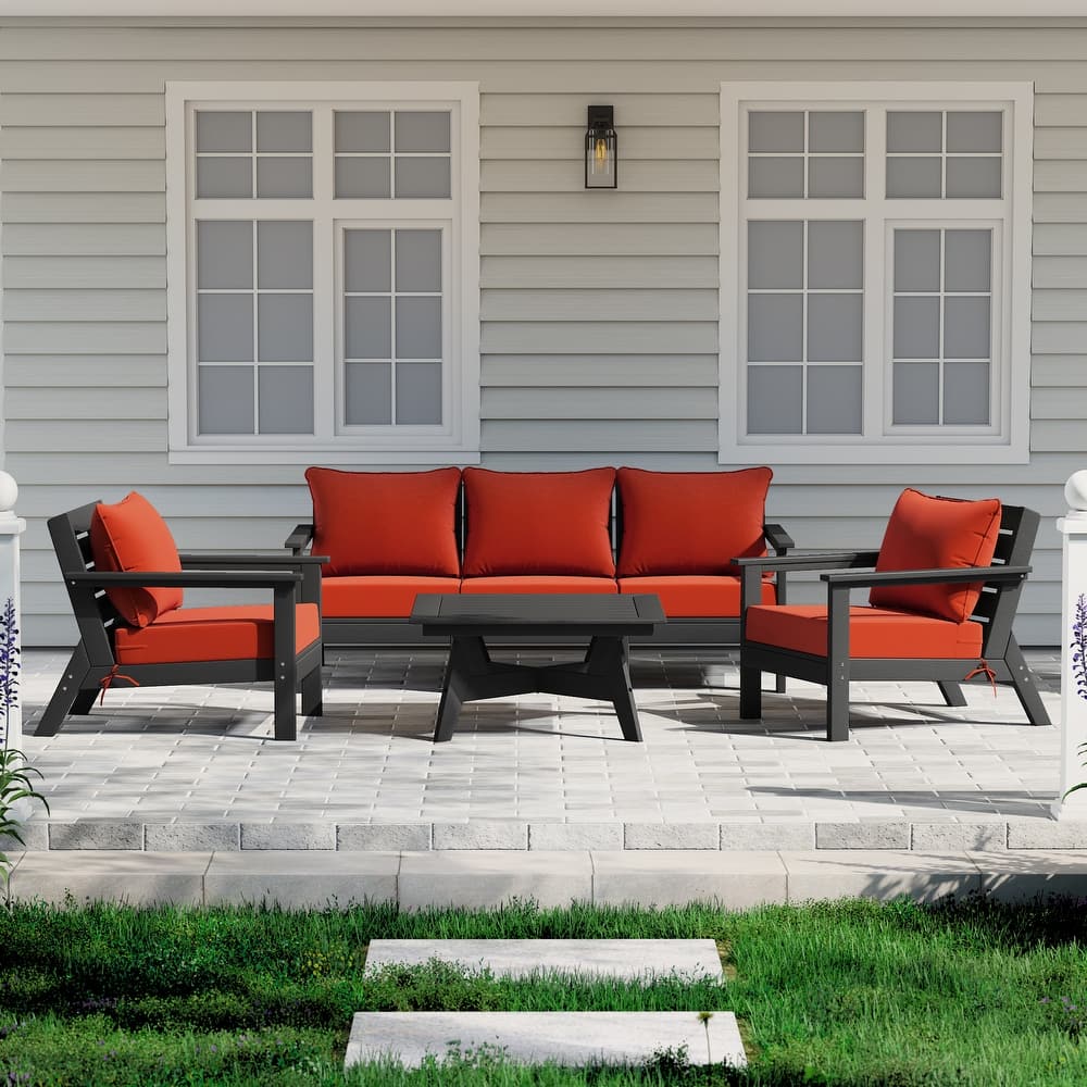Birchwood All Weather HDPE Outdoor Patio Black Deep Seating Conversation Set (6-Piece Set)