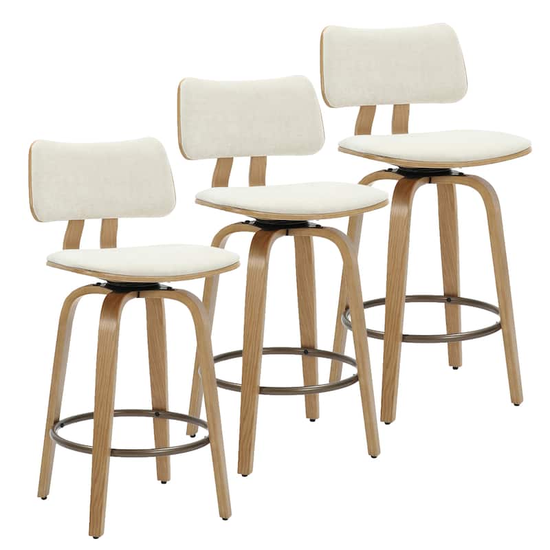 Mid-Century Fabric and Wood 26" Counter Stool with Swivel - Beige and Natural