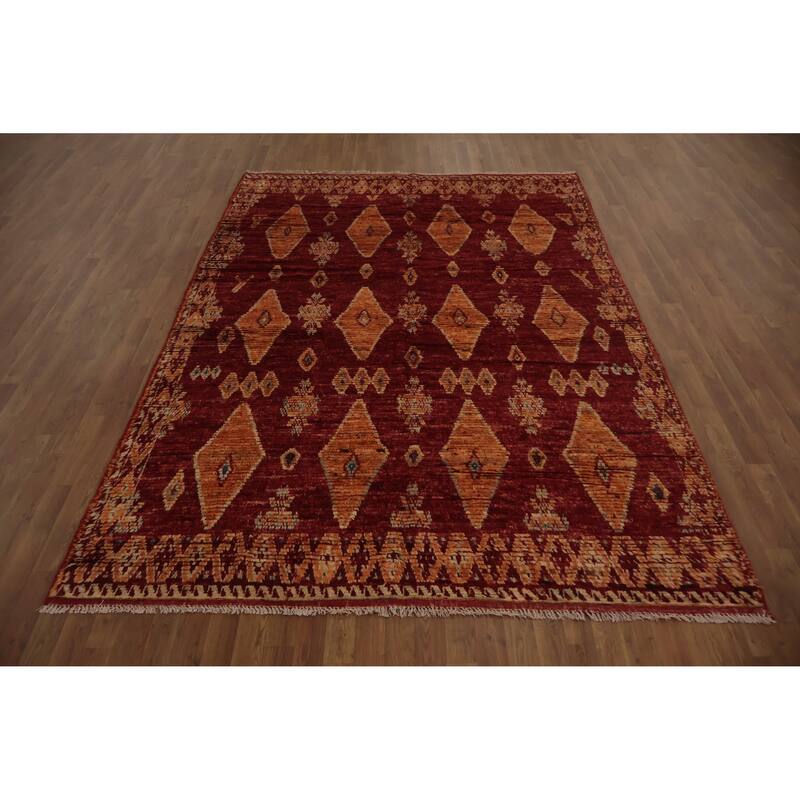 Hand Knotted Oriental 100% Wool Carpet Modern Tribal Red Moroccan Area Rug - 9' 11'' X 6' 10''