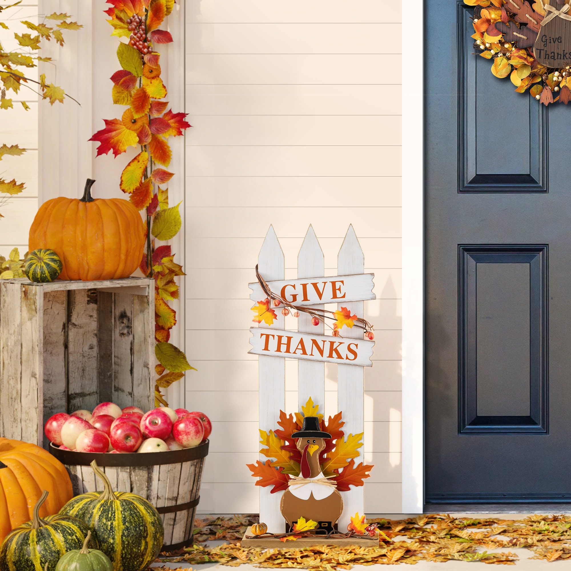 Glitzhome 28"H Thanksgiving Wooden Fence Turkey Porch Decor - 28‘’H