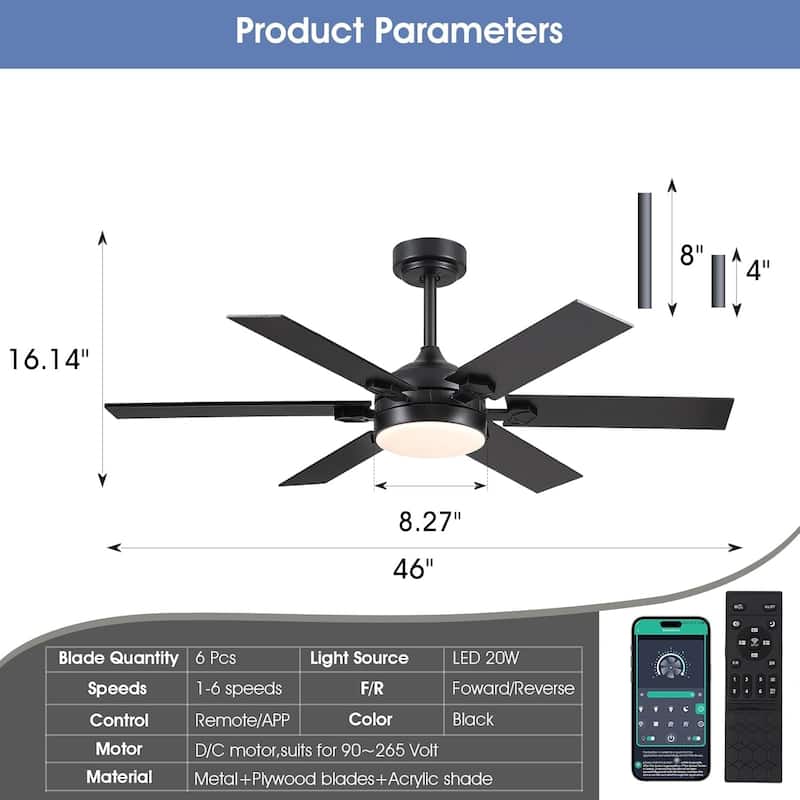 46 Inches Downrod Ceiling Fan with Light and Remote,6 Dual Side Blades