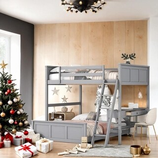 Stylish and Functional Full Over Full Bunk Bed with Two Desk,Multi-Functional Children's Bed,Gray