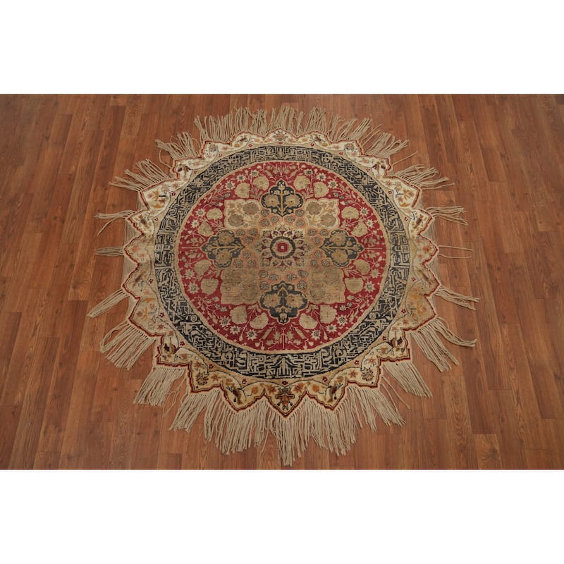 Hand Knotted Traditional Silk Red Geometric Area Rug - 4' 3'' X 4' 2''