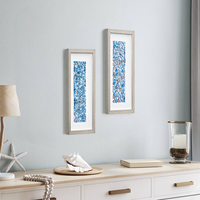American Art Decor Blue Seashell Mosaic 3D Textured Wall Art, 2 Piece Set - Coastal Vertical Panels with Champagne Frame