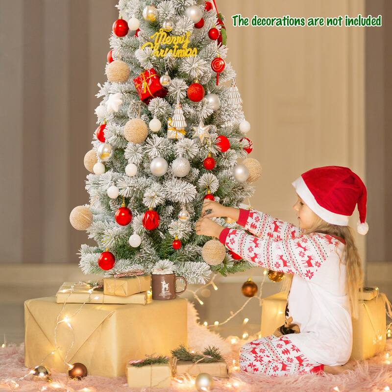 Gymax 5/6/7.5/8 ft Pre-lit Snow Flocked Artificial Christmas Tree w/