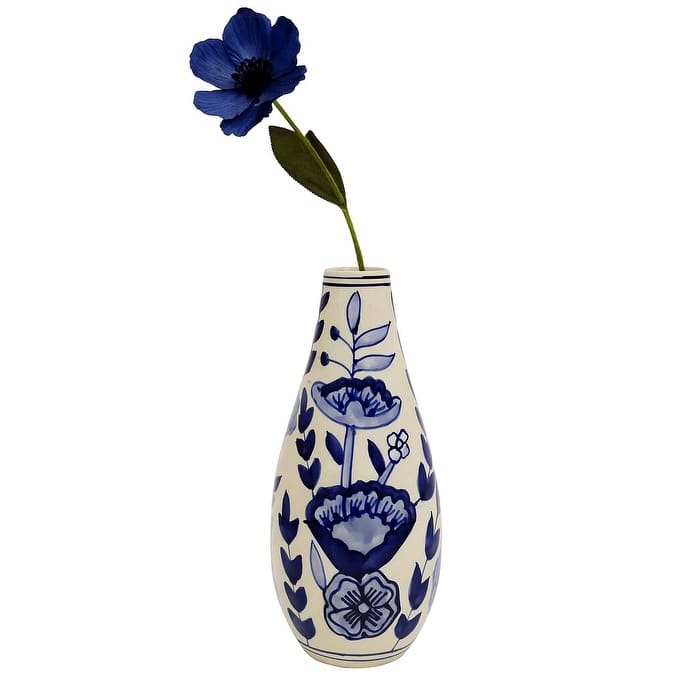 Home&Manor Ceramic Slim Vase White/Blue