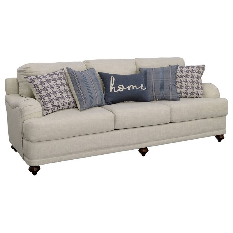 Liya 2pc Sofa and Loveseat Set, 7 Blue Pillows, Light Gray
