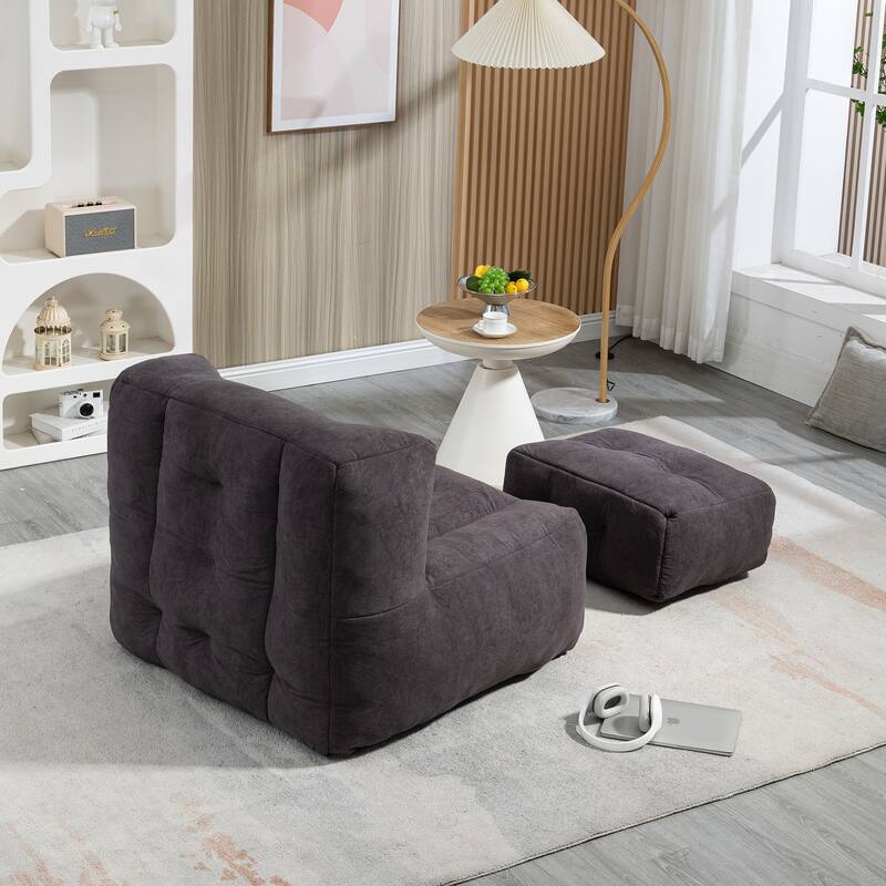 Fluffy Bean Bag Chair with Memory Foam and Ottoman, Super Soft Velvet Bean Bag for Adults & Kids, Comfortable Lazy Sofa