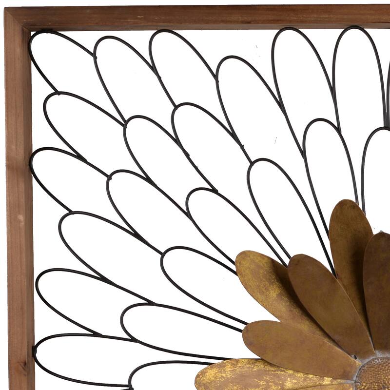Metal Wall Decor with Wooden Frame and Leafy Flower, Bronze