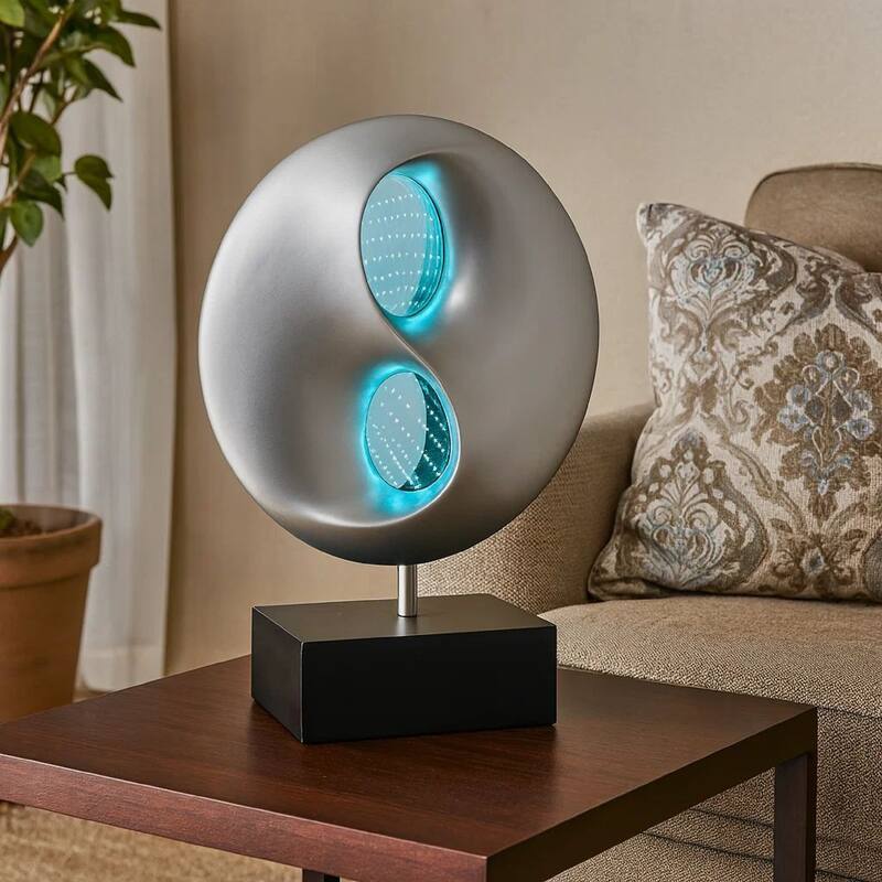 Nila 20 Inch LED Table Lamp, Black Silver Polyresin Orb Sphere, Block Base