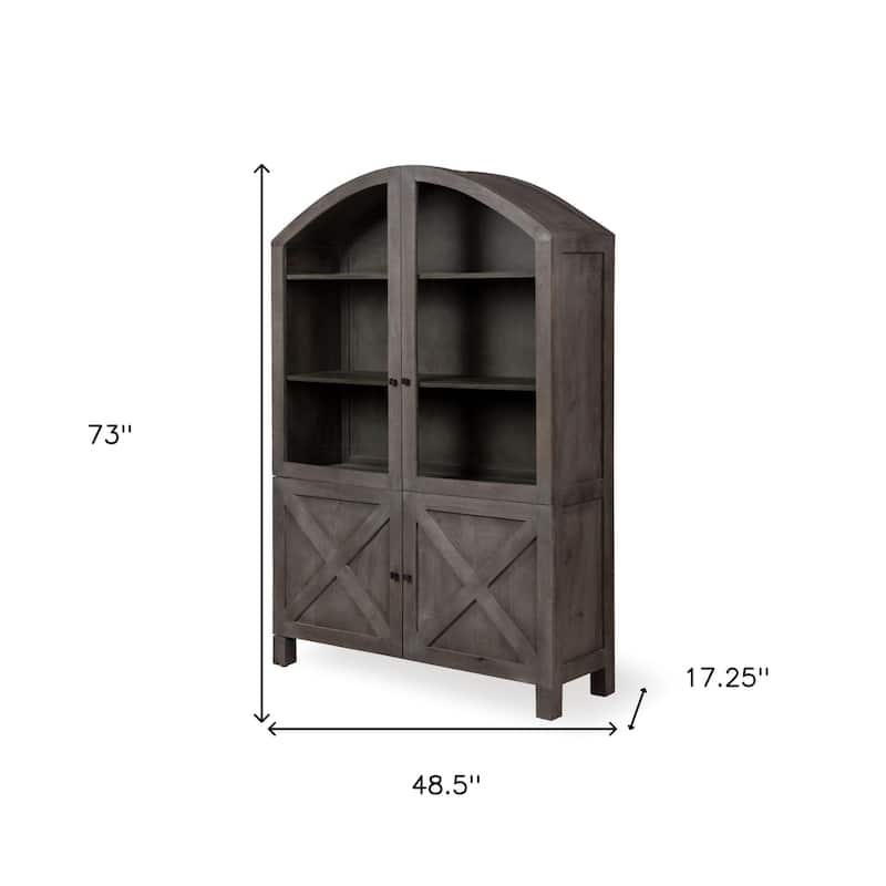 HomeRoots 73" Gray Solid Wood Carved Geometric China Cabinet With Four Doors