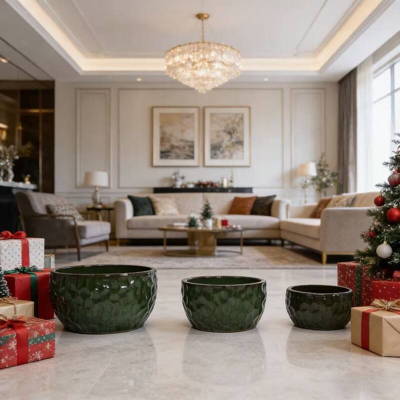 Handmade Glazed Ceramic Planter Set of 3, 15/12/10 Inch Diameter, Hammered Pattern