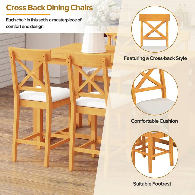 60"x30" Solid Wood Farmhouse 5-Piece Dining Set with Storage Shelves & Counter-Height Table, 4 Upholstered Chairs