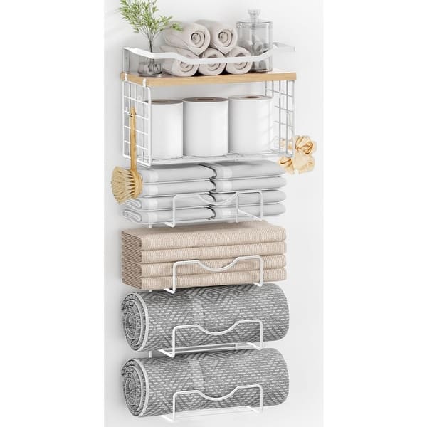 Metal Bathroom Towel Rack, Wall Mounted Folding Towel Rack, 6 Tier Roll with Floating Shelf, Bathroom Towel Rack