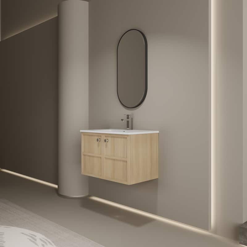 GDFStudio - Cairo Modern Wall-Mounted Bathroom Vanity Set with Scratch-Resistant Resin Sink & Soft Close Doors - 30" - Oak