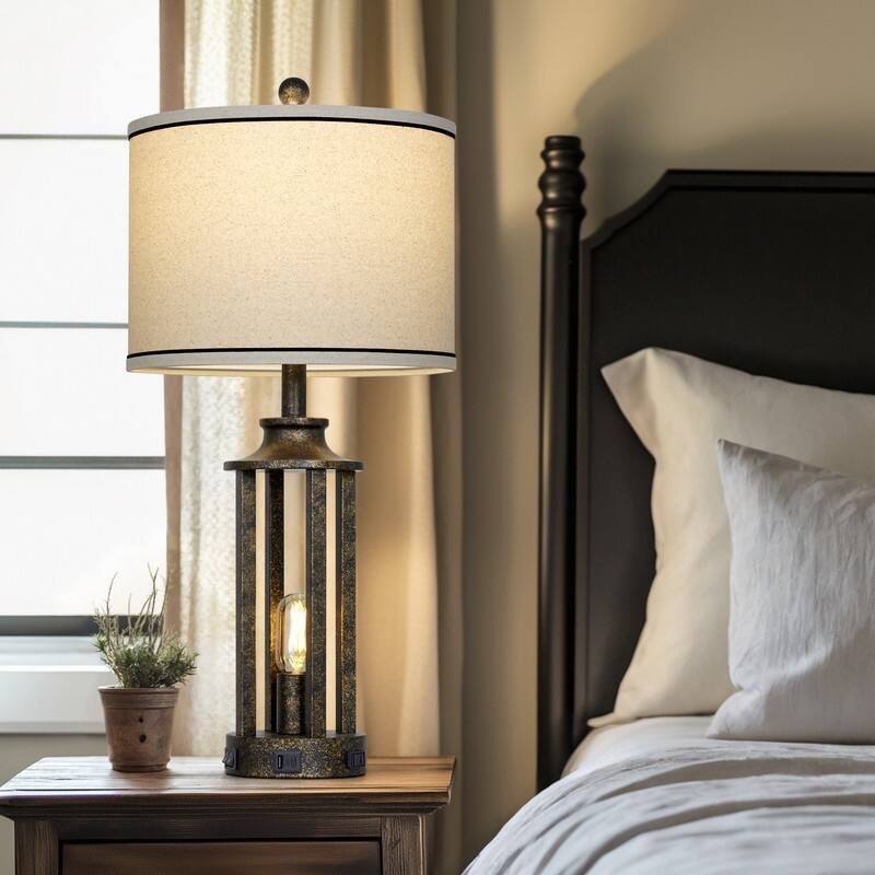 27.5'' Black Industrial Table Lamp with USB-C Fast Charging, Dual Lighting(Set of 2) - 12.5'' x 12.5'' x 27.5''