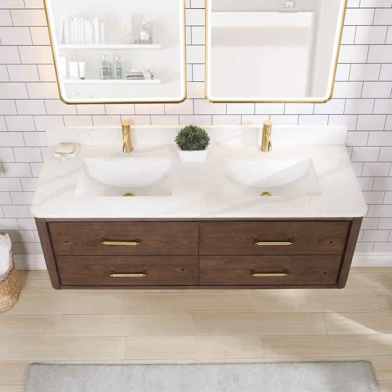 Cristo Floating Bath Vanity with White Quartz Stone Top without Mirror
