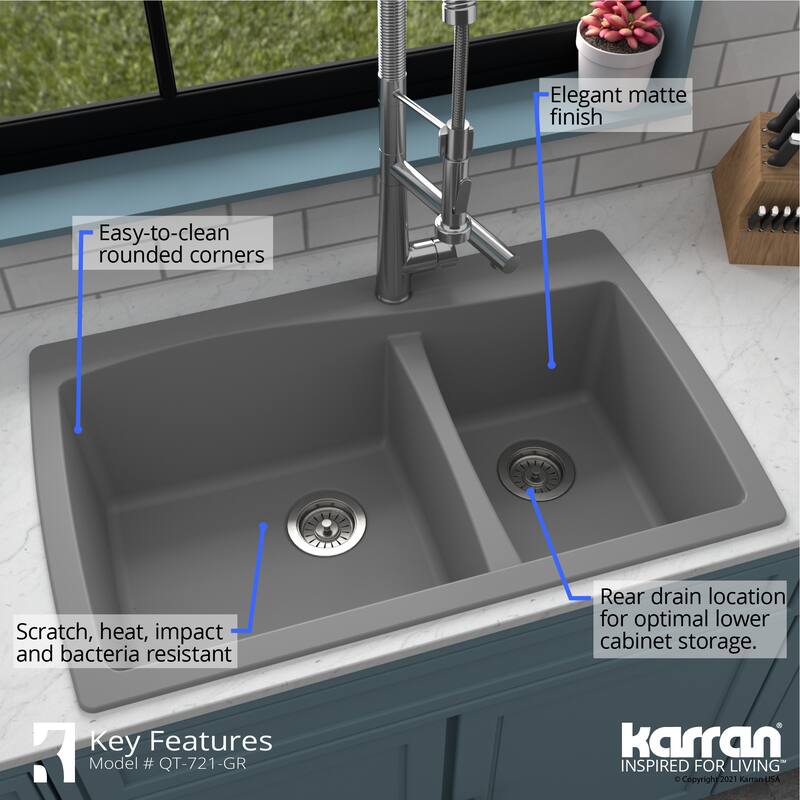 Karran Drop-In Quartz 34 in. Double Bowl 60/40 Kitchen Sink With Bottom Grids and Strainers