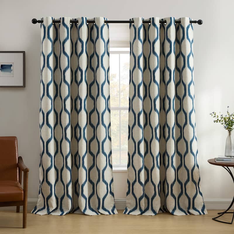 Elrene Renzo Ikat Geometric Linen Room Darkening Window Curtain - 52" W X 84" L - Indigo