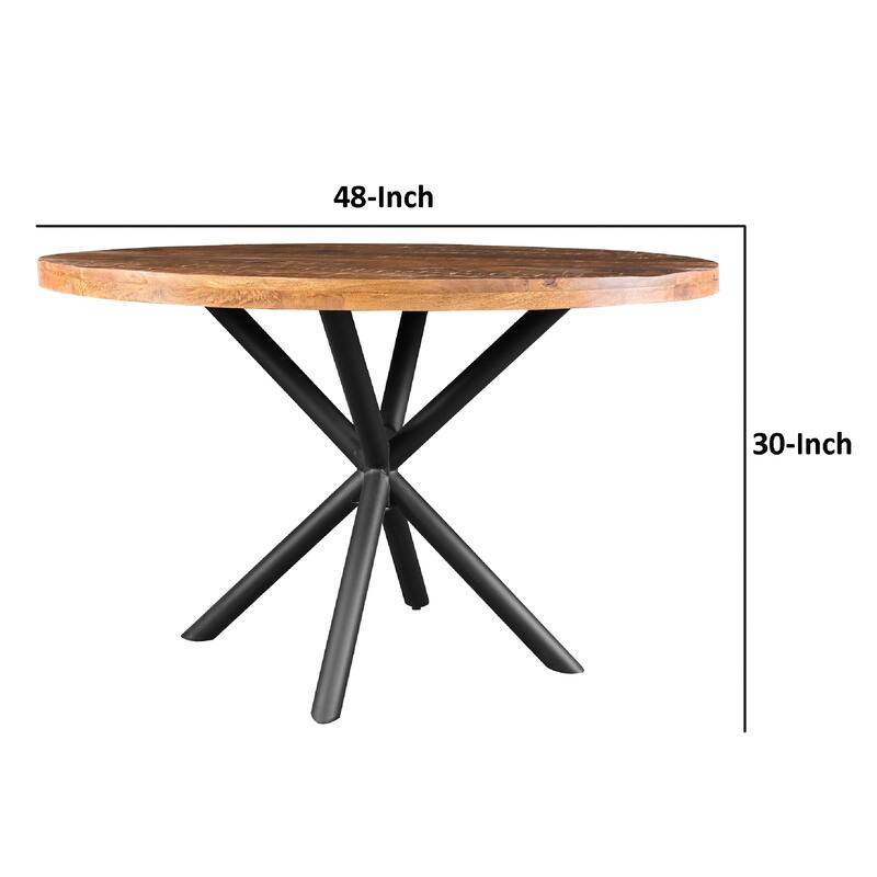 48 Inch Handcrafted Dining Table, Solid Mango Wood Round Top with Iron Crisscrossed Legs, Natural Brown and Black
