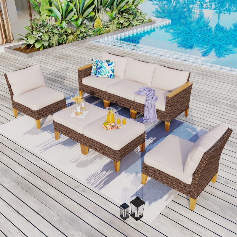 8-Piece Patio Outdoor Wicker Sectional Sofa Set, Large Seating Furniture Conversation Sets with Fire Pit Table