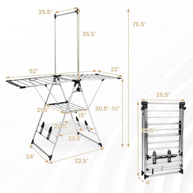 2-Layer Aluminum Foldable Drying Rack w/ 2 Height-adjustable Wings