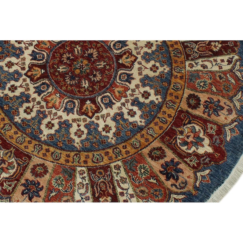 Oriental Khurgeen Therese Blue/Red Hand-knotted Wool Rug - 4'8 x 4'9 - 9'8'' x 9'9''