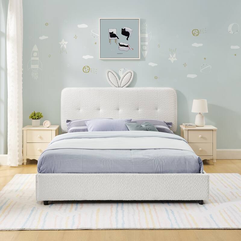 Kids Boucle Upholstered Bed with Rabbit Ear Headboard, LED Music Sync & 4 Drawers