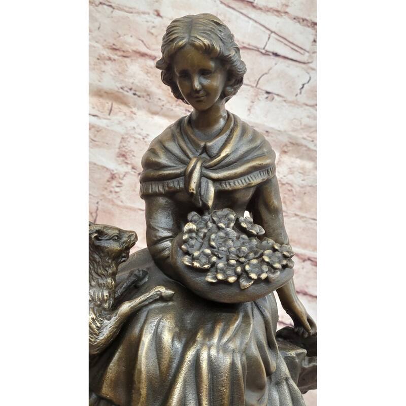 Charming Bronze Sculpture Of Young Girl With Basket Of Flowers And Playful Lamb – Classic Art Figurine On Marble Base