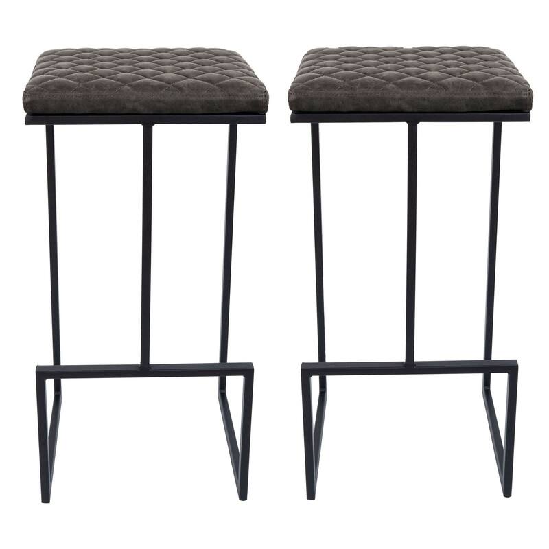 Quincy Leather Quilted Counter Height Barstool (Set of 2) with Upholstered Square Seats & Footrest for Home Bar & Kitchen - Grey