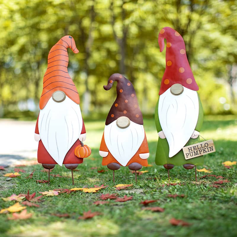Glitzhome Set of 3 Fall Metal Gnome Family Yard Stake Standing Sign Hanging Decor for Thanksgiving