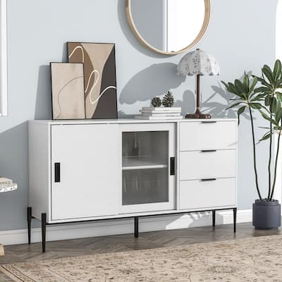 Storage Cabinet Sideboard with Glass Sliding Door and 3 Drawers, Entryway Console Table Kitchen Buffet Cabinet