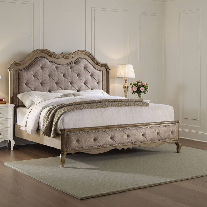 Button Tufted Fabric Eastern King Size Bed with Molded Details, Beige